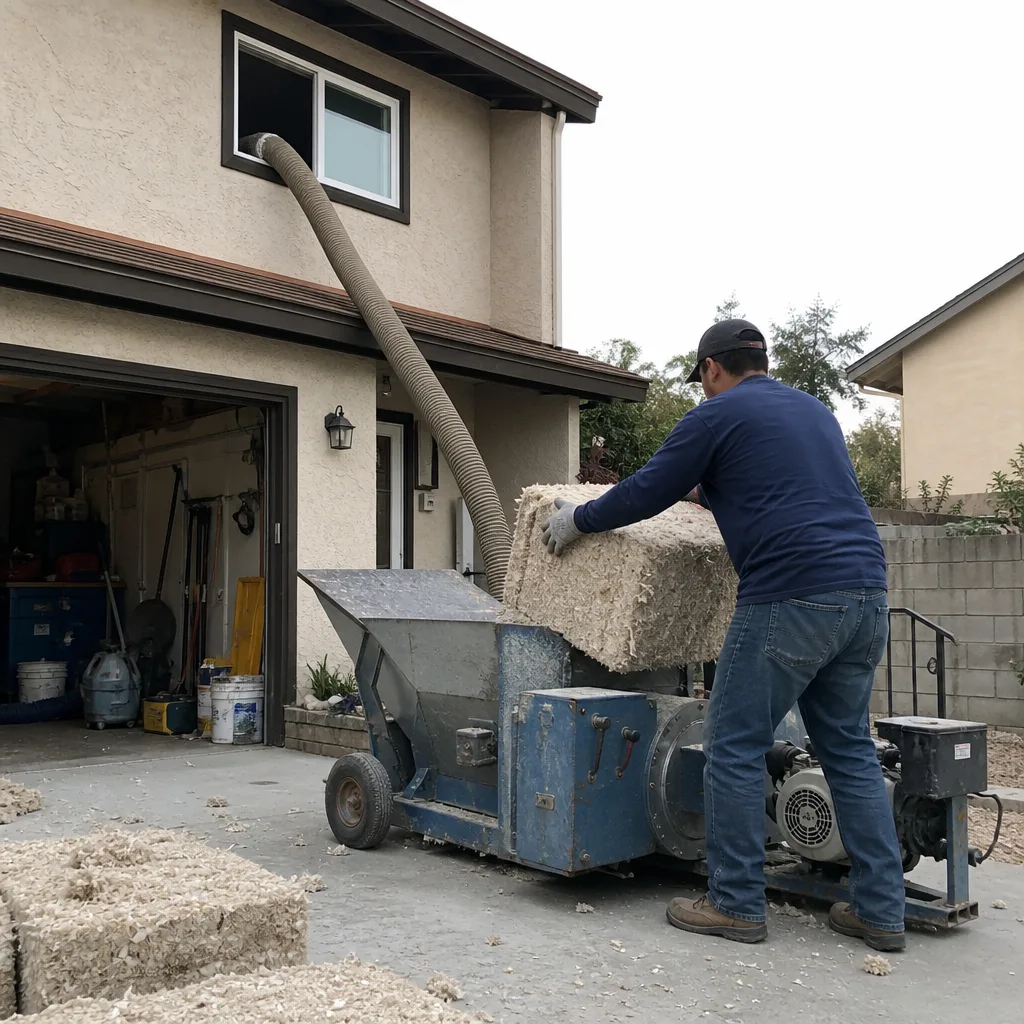 Technician using a machine to install blown-in attic insulation