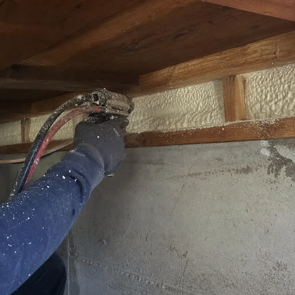 Professional applying spray foam insulation to rim joist in basement